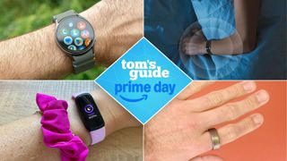 A collage of wrists / hands wearing sleep tracking watches and rings with Tom's Guide Prime Day logo