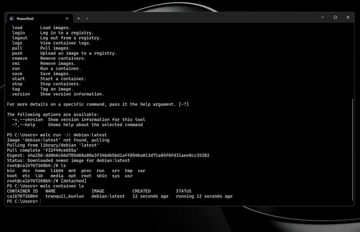 WSL containers commands demonstration at Build 2026.
