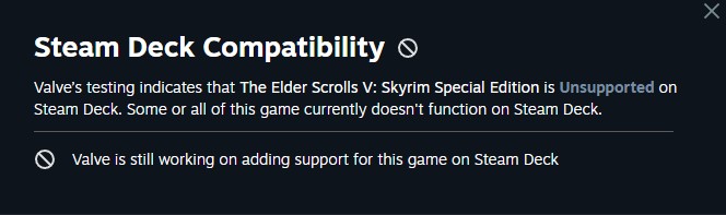 Steam Deck compatibility message showing The Elder Scrolls 5: Skyrim Special Edition as 