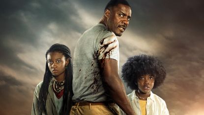 (L to R) Iyana Halley as Meredith, Idris Elba as Dr. Nate Daniels and Leah Sava Jeffries as Norah in a poster for Beast.