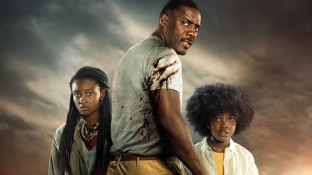 (L to R) Iyana Halley as Meredith, Idris Elba as Dr. Nate Daniels and Leah Sava Jeffries as Norah in a poster for Beast.