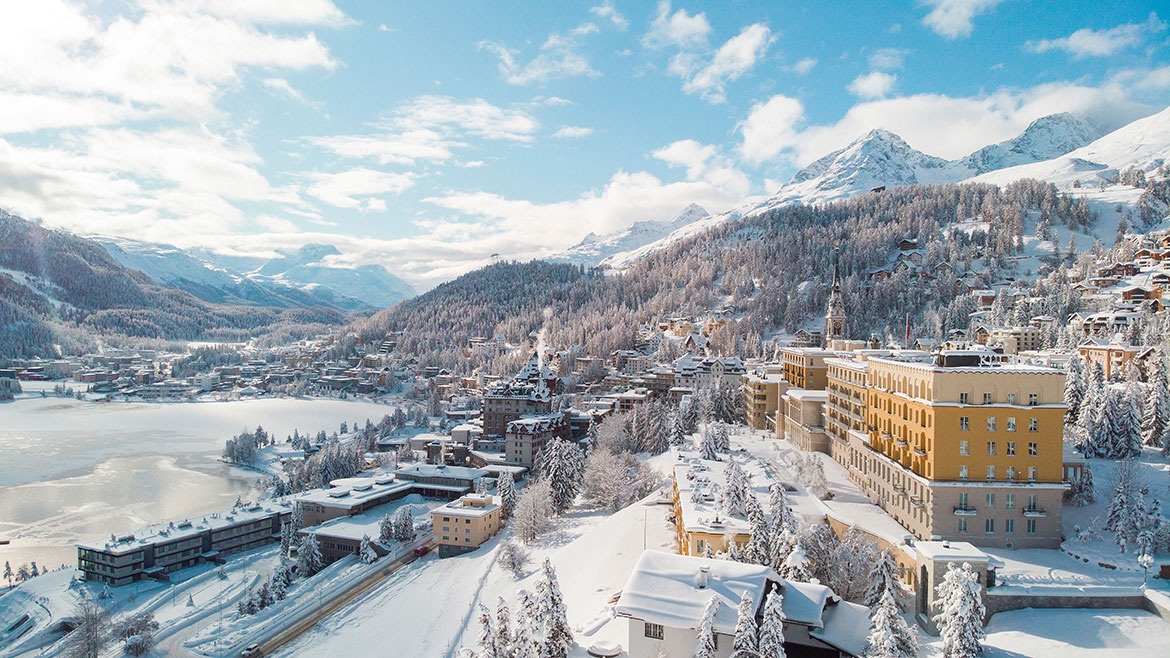 Exterior view of the Kulm Hotel and Lake St Moritz