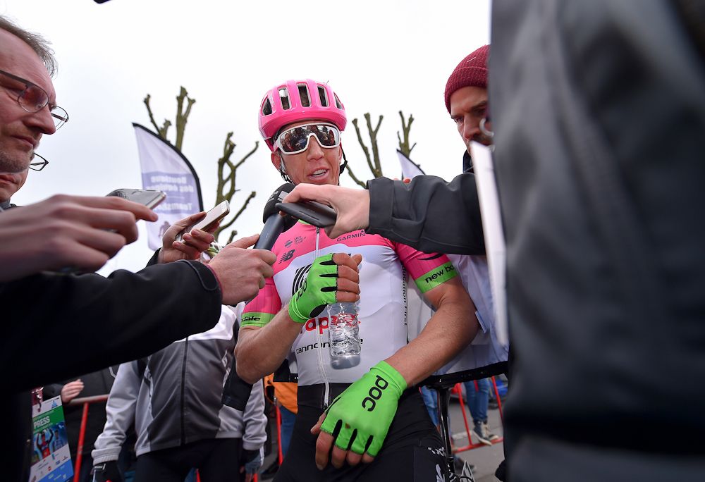Sep Vanmarcke (EF Education First-Drapac) talks with reporters after E3 Harelbeke