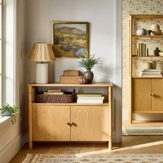 Wooden shelves in a brightly lit living room