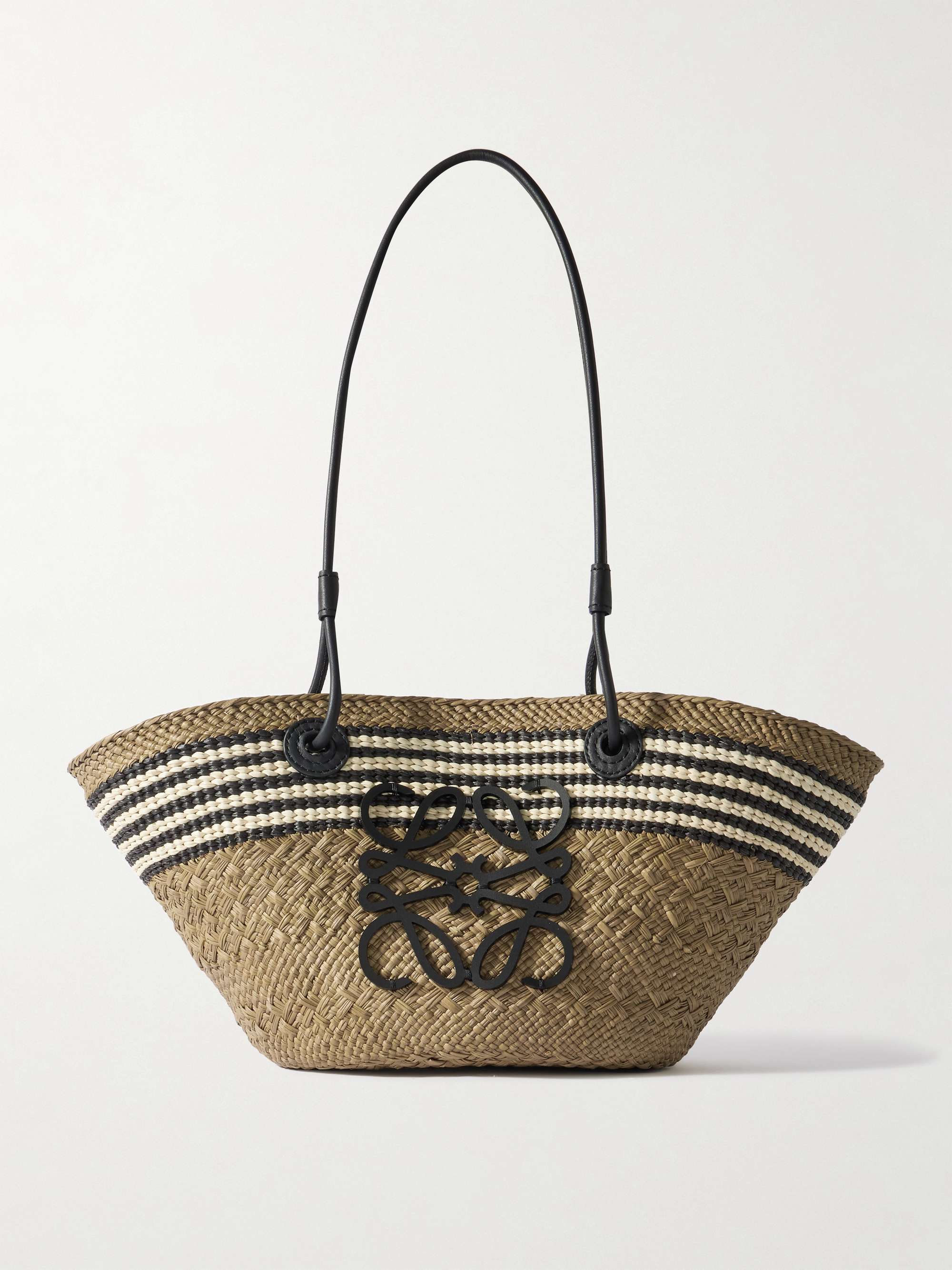 + Paula's Ibiza Anagram Basket Small Leather-Trimmed Striped Raffia Tote