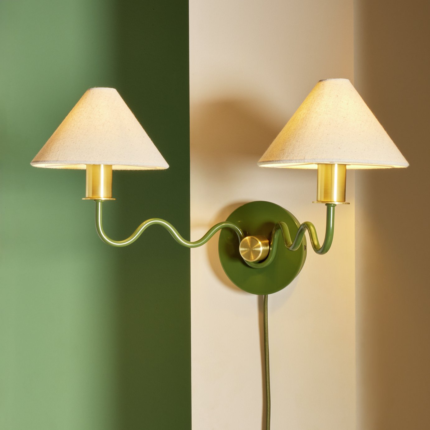 Habitat Wiggle Metal 2 Light Wall Light - Green &amp;amp; Natural