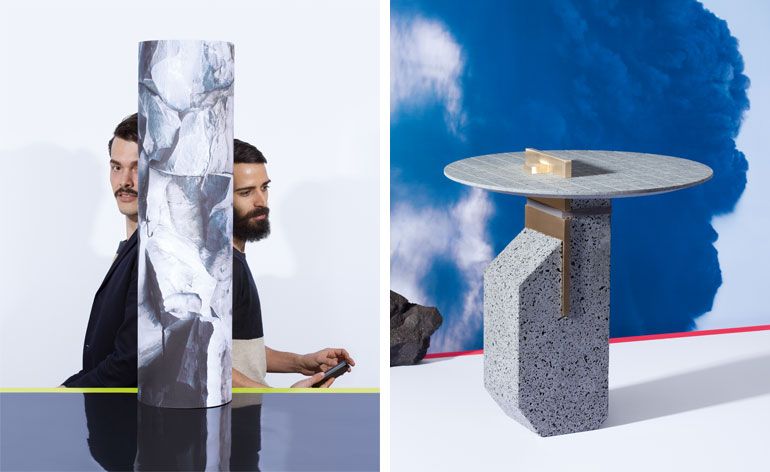 Left: Andrea Trimarchi and Simone Farresin, the duo behind Formafantasma, and a photographic print of the volcanic rock they have used in their latest collection, &#039;De Natura Fossilium&#039;. Right: The pair&#039;s &#039;Etna&#039; coffee table