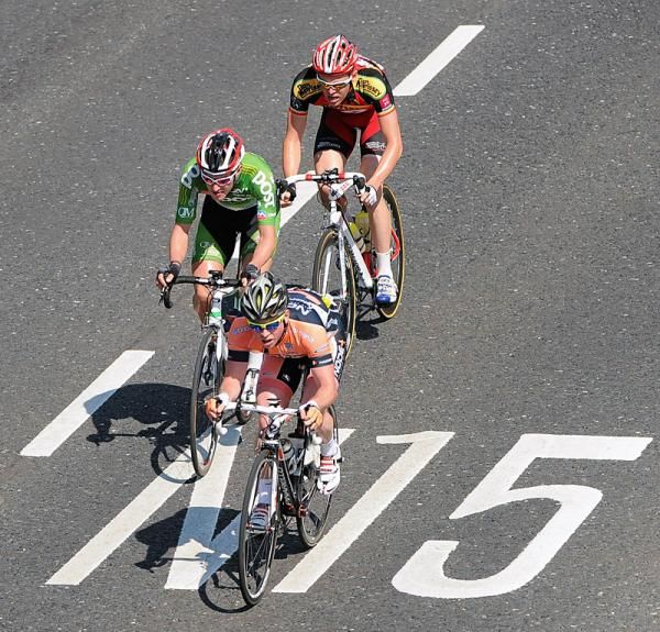 Philip Lavery (Node4 Giordana) leads breakaway riders Ronan McLaughlin (An Post-Sean Kelly) and Aaron Buggle (Dan Morrisey Speedy Spokes) on the approach to Bundoran