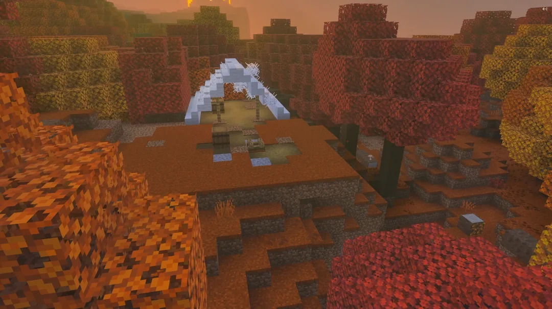 An Abandoned Camp structure nestled within the new Dappled Forest biome, surrounded by colorful autumn-inspired trees.