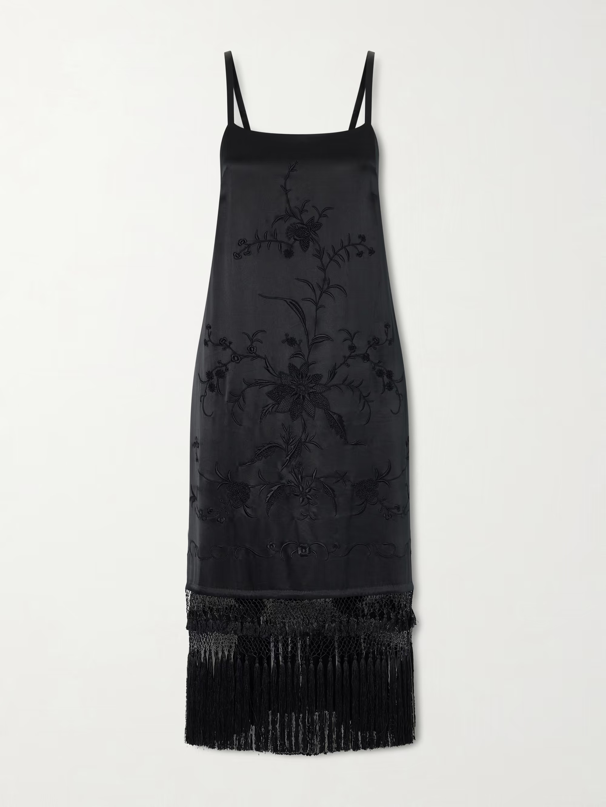 Bode, Fringed embroidered silk-satin midi dress
