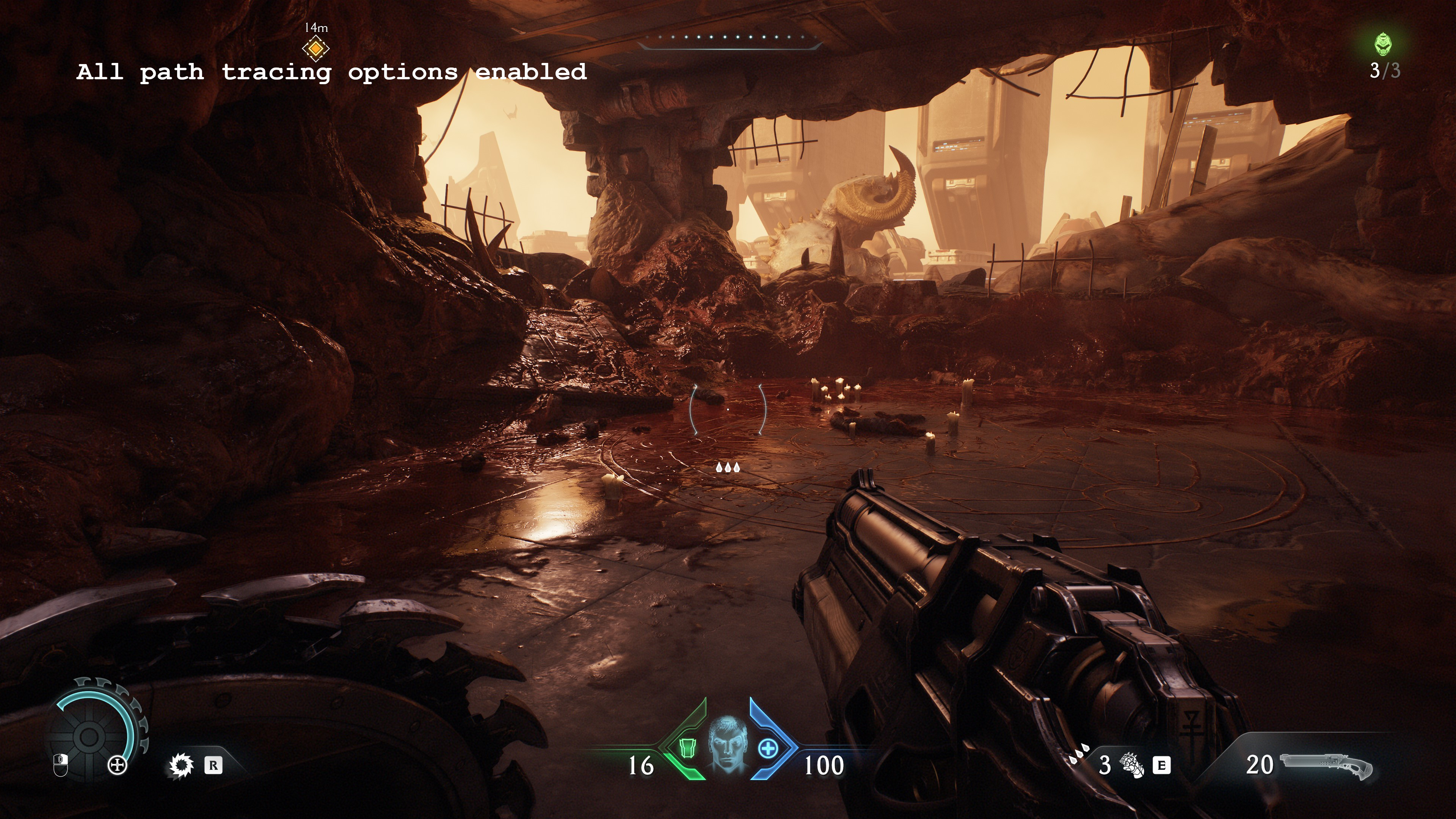 A screenshot of the PC version of Doom: The Dark Ages, showing the visual impact of using path tracing