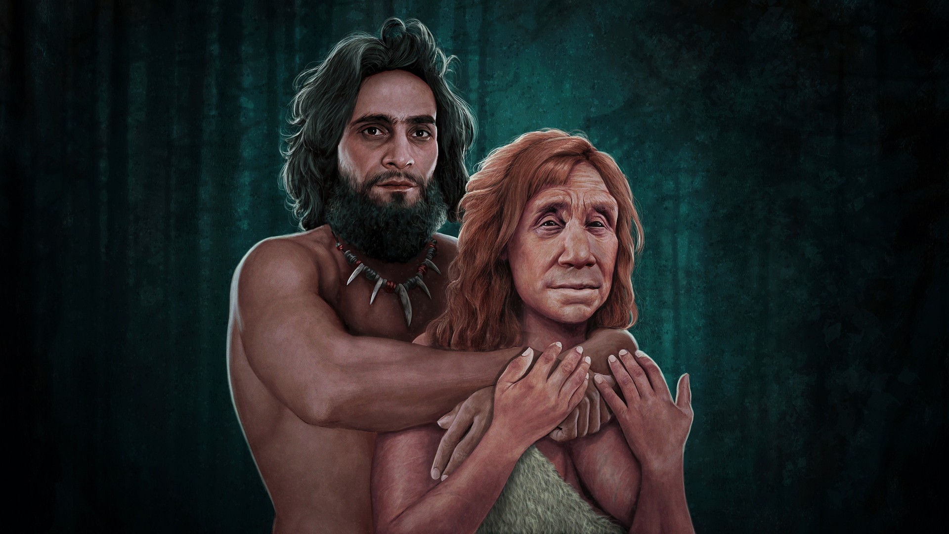 Illustration of an early modern man embracing a Neanderthal woman. They appear to be in a forest at night. The moonlight is shining through the trees just behind them