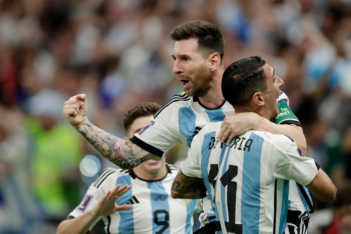 Lionel Messi celebrates his goal for Argentina against Mexico at the 2022 World Cup in Qatar.