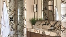 marble bathroom with shower and vanity with timber vanity and medicine cabinet with wall sconce and white towel hanging