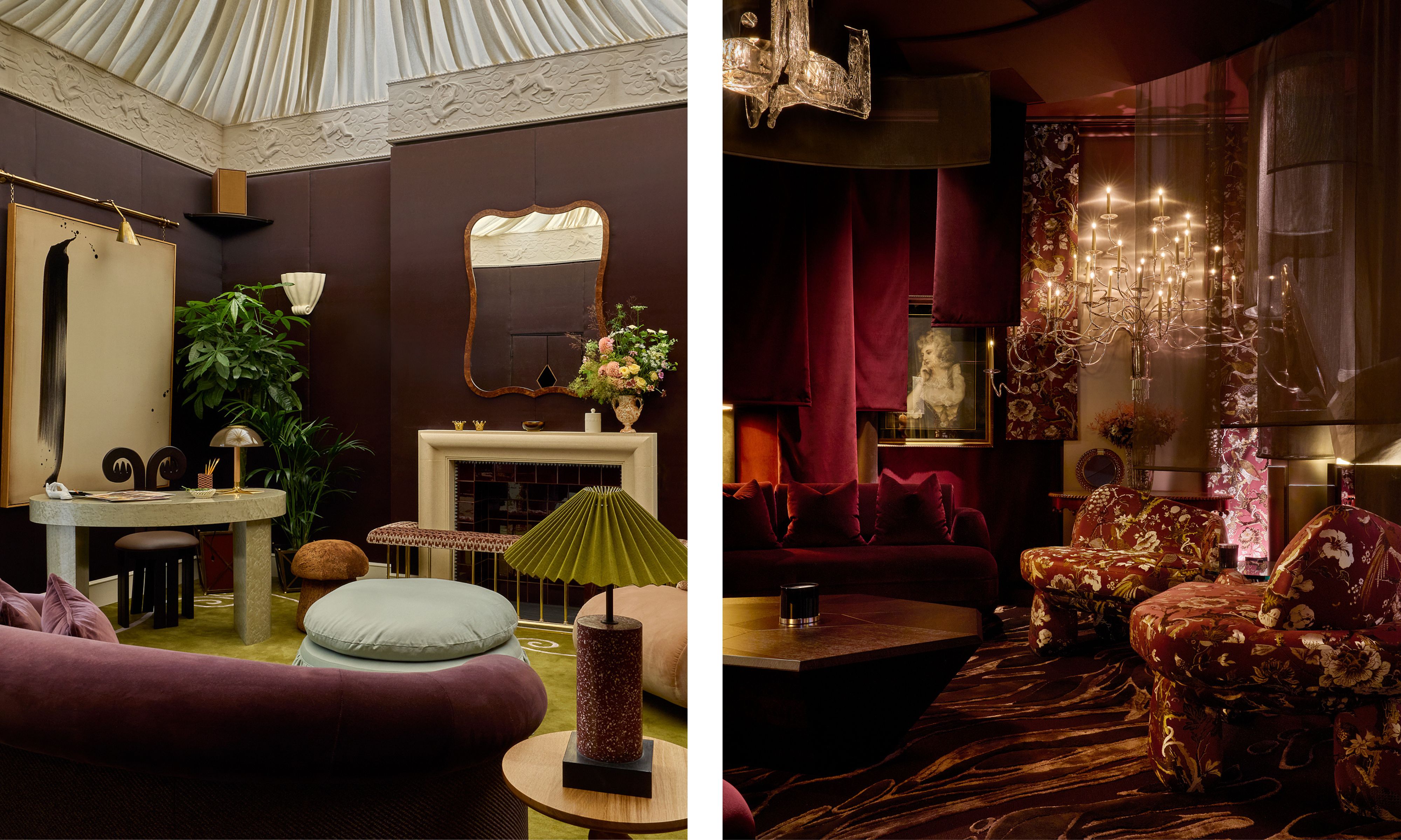 Side-by-side dark, moody rooms: the left has plum walls, a white tented ceiling, a fireplace, and a stone desk; the right features deep red velvet drapes, a large candelabra chandelier, and floral armchairs.