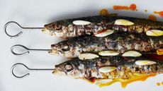 Charcoal sardines in saffron vinegar and almond oil