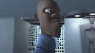 Frozone stands looking for his super suit in The Incredibles.