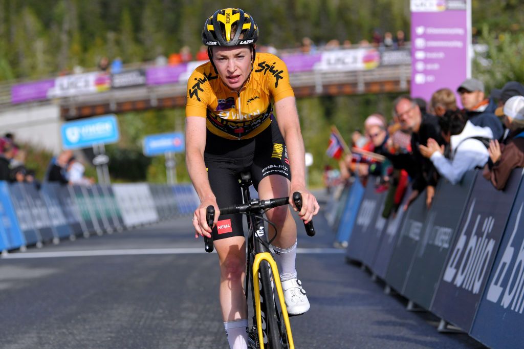 NOREFJELL NORWAY AUGUST 14 Riejanne Markus of Netherlands and Jumbo Visma Women Team yellow leader jersey crosses the finishing line during the 7th Ladies Tour Of Norway 2021 Stage 3 a 145k stage from Drammen to Norefjell 791m LTourOfNorway LTON21 UCIWWT on August 14 2021 in Norefjell Norway Photo by Luc ClaessenGetty Images