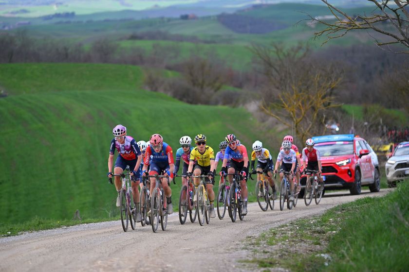 SIENA ITALY MARCH 02 LR Amber Pate of Australia and Team Liv AlUla Jayco Marta Jaskulska of Poland and Team CERATIZITWNT Pro Cycling Alice Towers of Great Britain and Team CanyonSRAM Racing Eva Van Agt of The Netherlands and Team Visma Lease A Bike Karlijn Swinkels of The Netherlands and UAE Team Adq compete during the 10th Strade Bianche 2024 Womens Elite a 137km one day race from Siena to Siena 320m UCIWWT on March 02 2024 in Siena Italy Photo by Luc ClaessenGetty Images