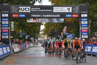 Riders pass through the finish area at the 2019 World Road Race Championships in Harrogate