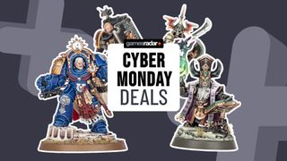 Cyber Monday Warhammer deals header image featuring marneus calgar and a helsmiths of hashut war despot