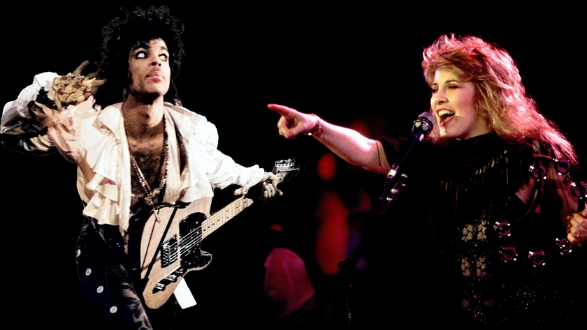 Two combined images of Prince and Stevie Nicks performing.