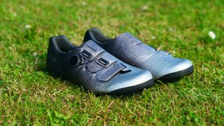 Shimano RX801 gravel shoes on grass