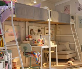 hi-rise loft style beds sitting end to end with desk area, storage, pinboards and seating below