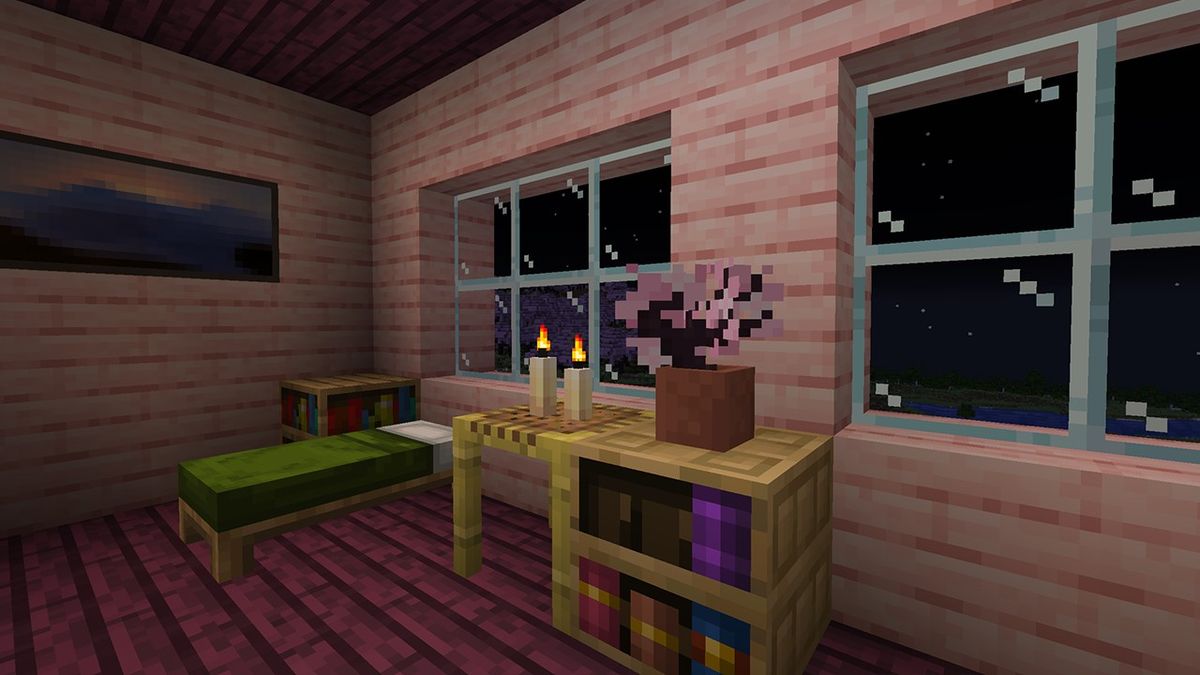 In-game screenshot of the Cherry Blossom biome in Minecraft 1.20.