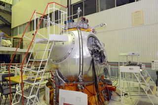 The Bion-M1 space capsule, which will carry animals into space in April 2013, is seen during mission preparations at its Baikonur Cosmodrome launch site in Kazakhstan.