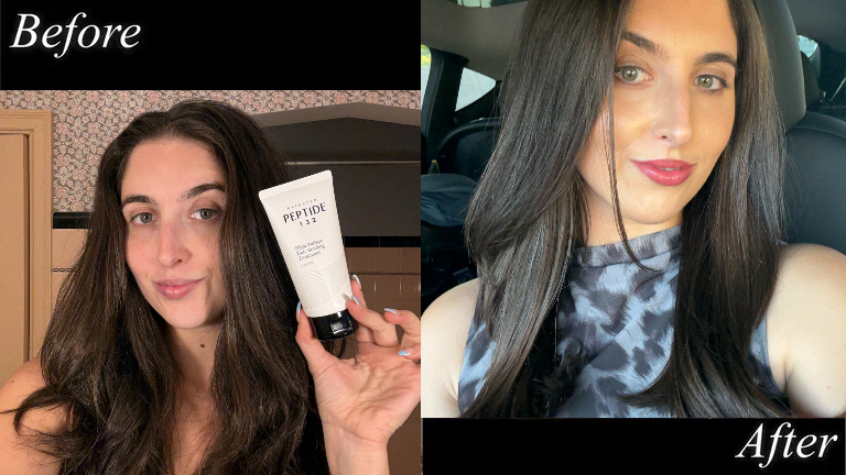 Marisa Petrarca before and after using COSRX Peptide 132 Mask