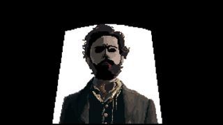 A man with blood dripping from his mouth stands in a doorway