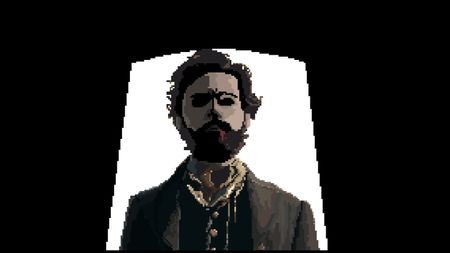 A man with blood dripping from his mouth stands in a doorway