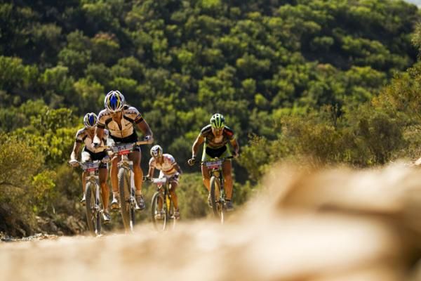 Karl Platt and Stefan Sahm of Bulls climb up Oudekloof during stage 1 of the 2011 Absa Cape Epic Mountain Bike stage race held from Saronsberg Wine Estate in Tulbagh, South Africa on the 28 March 2011