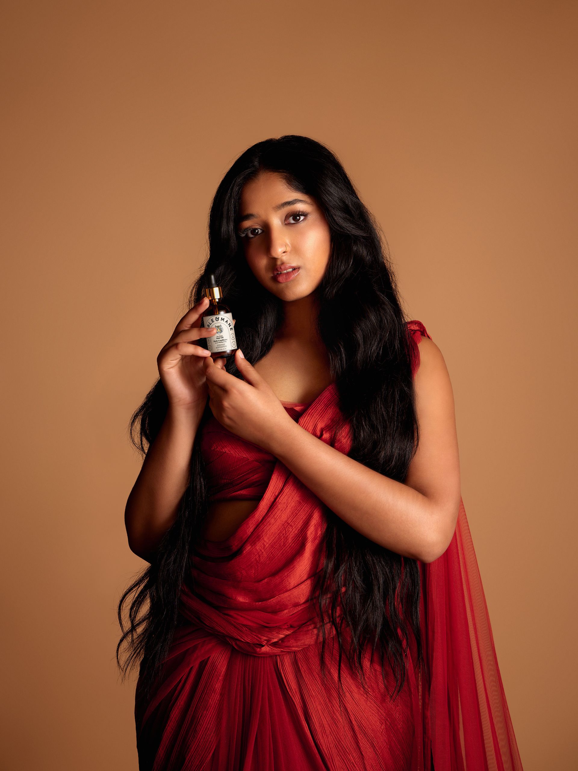 Maitreyi Ramakrishnan in a Fable & Mane campaign.