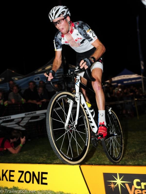 Mountain biker Lukas Flueckiger (Trek World Racing) jumping the barriers