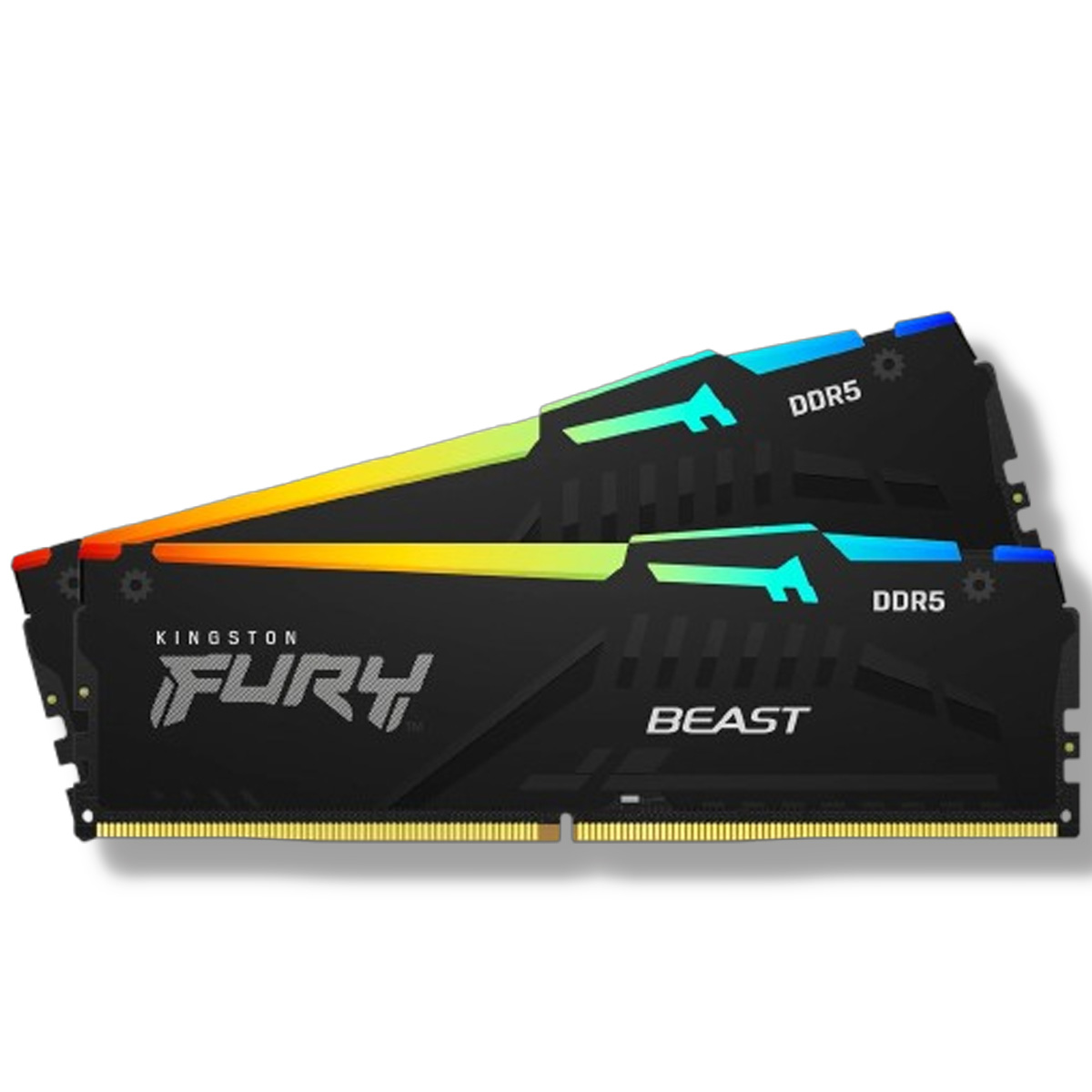 A pair of Kingston Fury Beast RGB DDR5 RAM modules against a white background