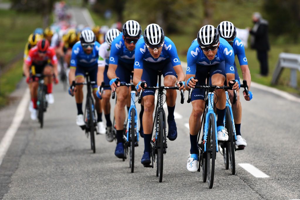 LEKUNBERRI SPAIN OCTOBER 21 Imanol Erviti of Spain and Movistar Team Marc Soler Gimenez of Spain and Movistar Team Carlos Verona Quintanilla of Spain and Movistar Team during the 75th Tour of Spain 2020 Stage 2 a 1516km stage from Pamplona to Lekunberri lavuelta LaVuelta20 La Vuelta on October 21 2020 in Lekunberri Spain Photo by David RamosGetty Images