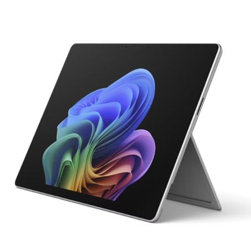 A sleek tablet with a vibrant, multicolored swirl on its screen is propped up on a built-in stand, displaying a modern and innovative design.