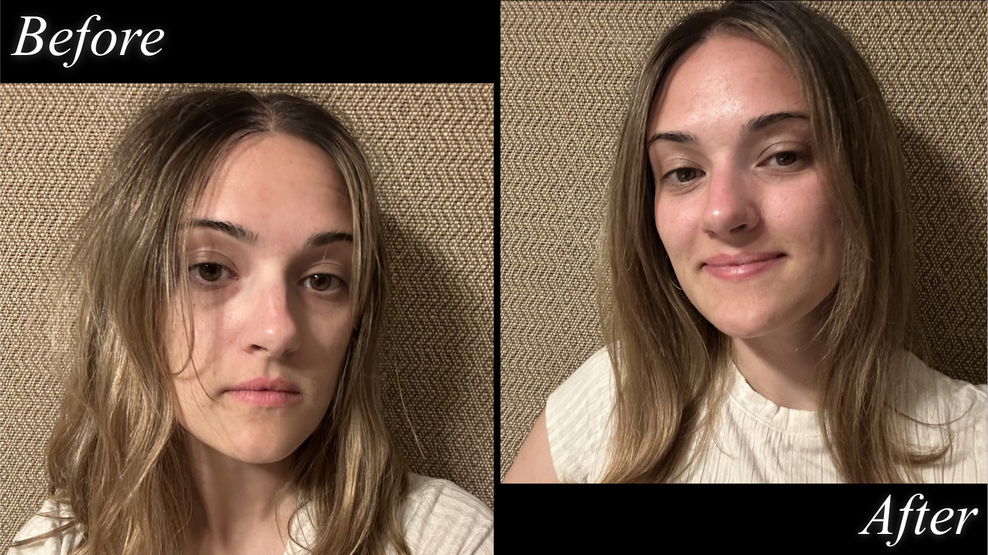 Emma Zvanovec shows off her hair before and after testing R+Co&#039;s Lost Treasure clarifying shampoo.