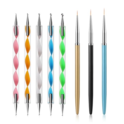 Nail Dotting Tools Set &amp;ndash; 5pcs Dual-Ended Dotting Pens &amp;amp; 3pcs Nail Art Brushes for Diy Nail Art, Painting &amp;amp; Design