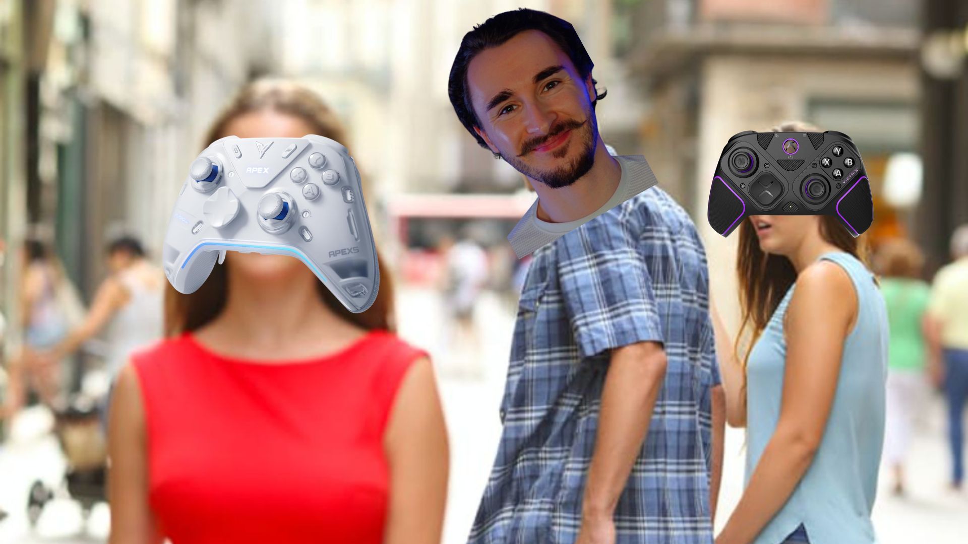 A recreation of the jealous girlfriend meme with the Victrix Pro BFG and the Flydigi Apex 5 controllers