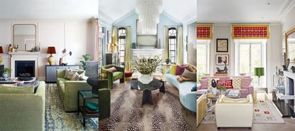 Three examples of, Does a living room need a rug? Pale pink painted living room with green sofas, fireplace, green and blue patterned rug. Blue living room with blue curved sofa, green armchairs, animal print rug, black coffee table, glass chandelier. White living room, red and yellow patterned blinds, patterned rug, pink sofa, cream leather armchairs.