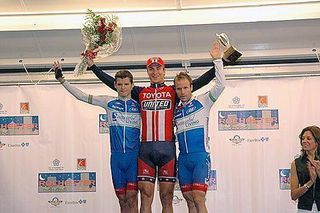 Stage winner Dominique Rollin (Toyota United) with Alessandro Bazzana (Successful Living) and Charles Dionne (Successful Living) (l&r)
