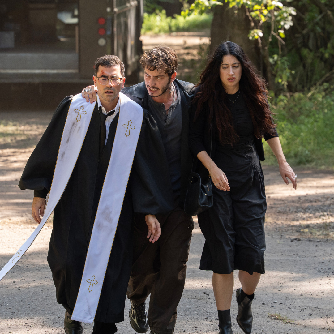 Dan Levy as Nicky, Boran Kuzum as Yusuf, and Taylor Ortega as Morgan in Episode 102 of BIG MISTAKES.
