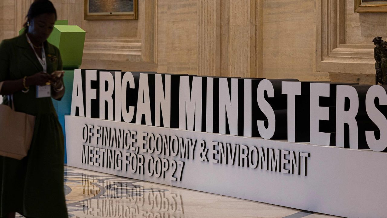 A guest walking at the lobby of the al-Masa hotel, during an African Ministers of Finance Economy and Environment Meeting for the COP27 climate summit