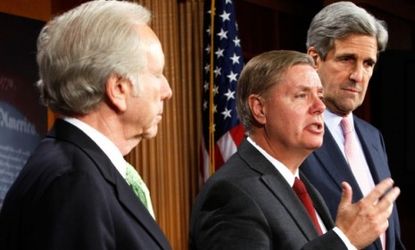 Climate bill captains: Sens. Joe Lieberman, Lindsey Graham, and John Kerry.