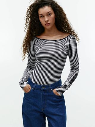 Scoop-Neck Jersey Top - Dark Blue/off White - Arket Gb