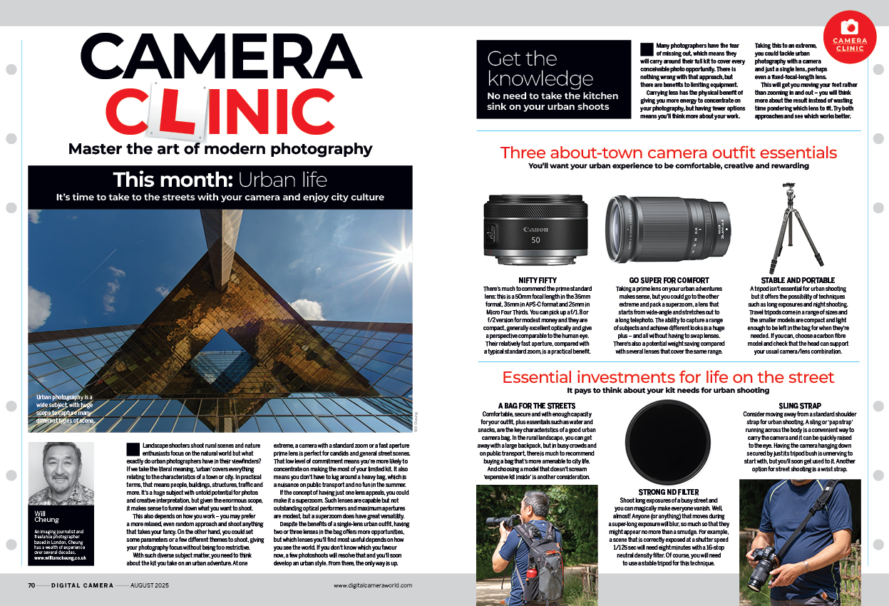 Image showing the first two pages of the Camera Clinic article in issue 297 (August 2025) of Digital Camera magazine, an 8-page masterclass about taking photographs in built-up areas