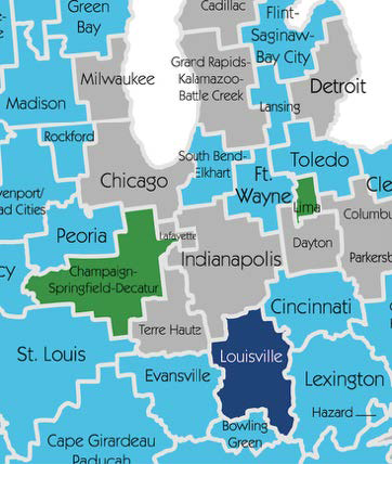 Map showing the markets for Block TV stations that Gray plans to buy.